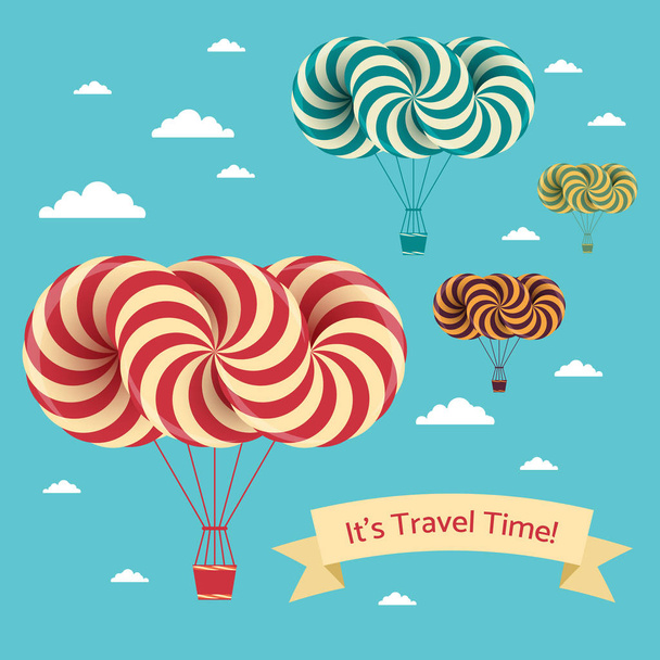 Travel time illustration. Vector postcard with airship and clouds on blue sky - Vektor, obrázek