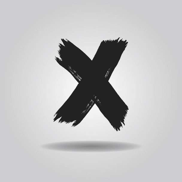 Tinta preta abstrato escovado cruz X marca ícone com sombra caiu no fundo gradiente cinza
 - Vetor, Imagem