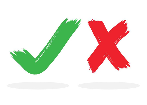 Tinta vermelha e verde abstrato escovado marca de seleção e cruzado X marca ícones definidos com sombra no fundo branco
 - Vetor, Imagem
