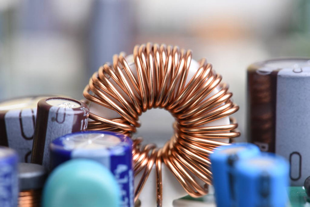 Electromagnetic coil, inductor on circuit board close-up - Photo, Image