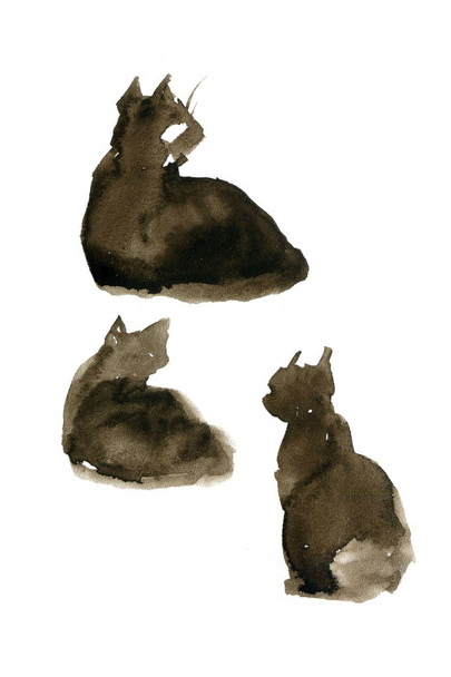 Cute watercolor cats on white background. Sketch set - 写真・画像