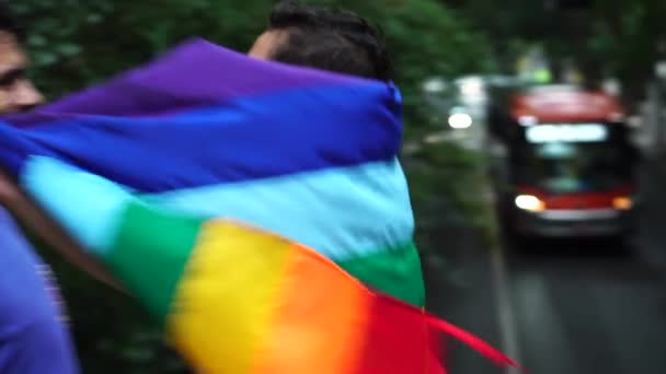 Homosexual Couple Celebrating with Rainbow Flag - Footage, Video