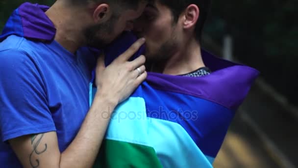Coppia omosessuale che festeggia con la bandiera arcobaleno
 - Filmati, video