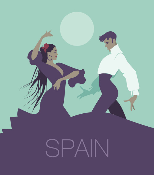 Δυο χορό «sevillanas», τυπικό ισπανικό χορό flamenco τους χορευτές. Όμορφος άνδρας και γυναίκα όμορφα μακριά μαλλιά. Φεγγάρι στο παρασκήνιο. - Διάνυσμα, εικόνα