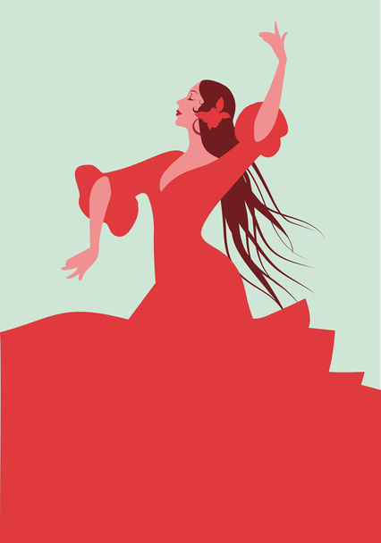 Ομορφη, ισπανικό flamenco χορεύτρια, φορώντας το κομψό κόκκινο φόρεμα και λουλούδι σε μακριά μαλλιά - Διάνυσμα, εικόνα