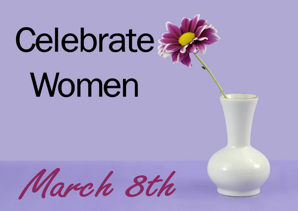 Una singola margherita viola in un vaso di ceramica bianca con sfondo viola. Messaggio per la Giornata Internazionale della Donna l '8 marzo di ogni anno
. - Foto, immagini