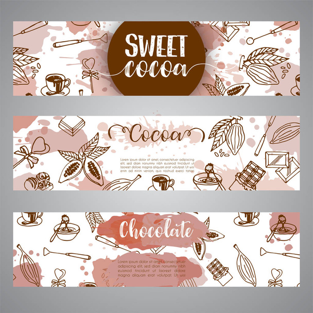 Chocolate cacao sketch banners. Design menu for restaurant, shop, confectionery, culinary, cafe, cafeteria, bar. Cocoa beans line icon or emblem. - ベクター画像