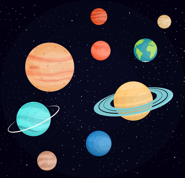 Planeten des Sonnensystems. Wissenschaft und Bildung. helle Planeten gegen einen dunklen Raum. im flachen Stil. Karikatur. - Vektor, Bild