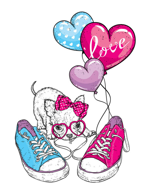 Cute dog with hearts, glasses and a tie. Vector illustration for a postcard or a poster, print for clothes. Valentine's Day, love and friendship. Purebred puppy in clothes and accessories. - Vektor, Bild
