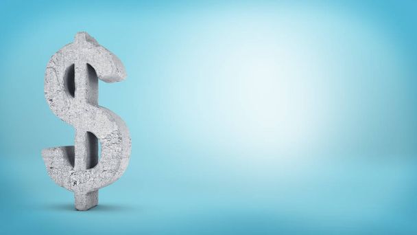 3d rendering of a large concrete dollar sign with rough texture stands in the left side of a blue background. - Фото, зображення