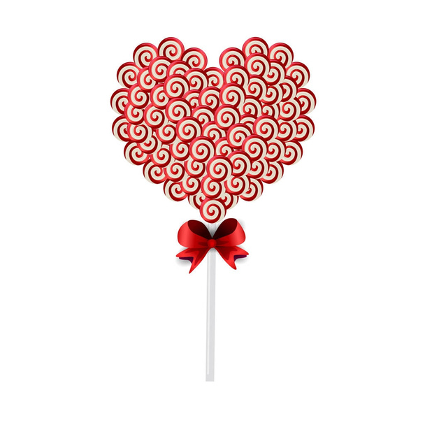Сладкие конфеты сердце на палочке с закрученным рисунком на белой backgro
 - Вектор,изображение