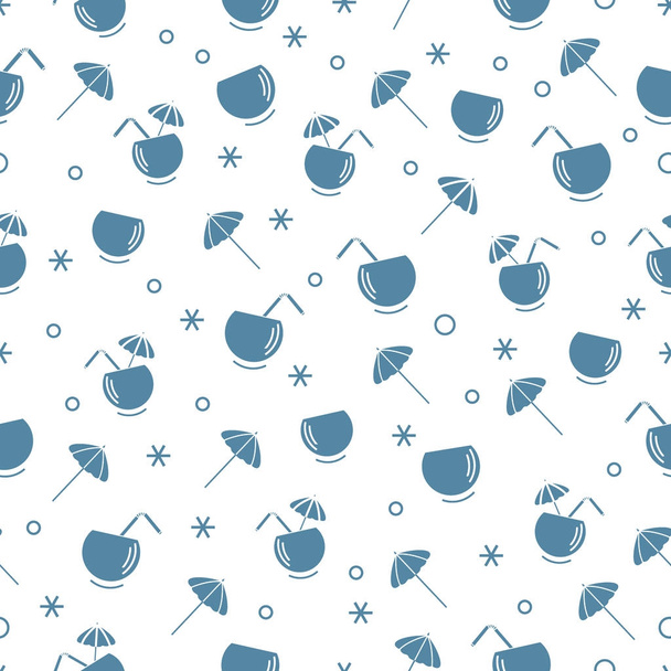 Cute seamless pattern with cocktail in half coconut, tube and um - Vector, imagen