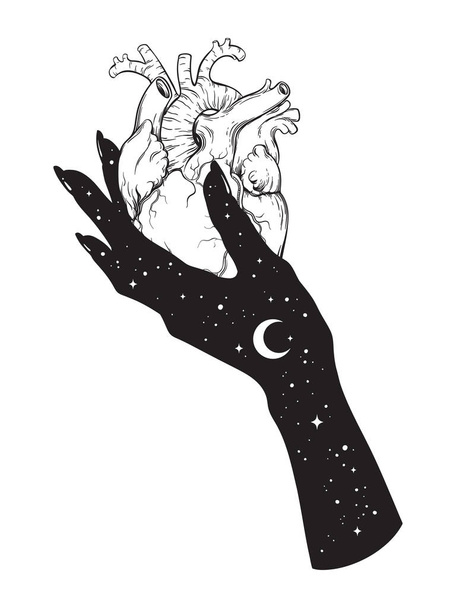 Coração humano na mão do universo. Adesivo, impressão ou blackwork tatuagem mão desenhada ilustração vetorial
 - Vetor, Imagem