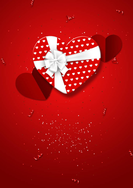 Happy Valentine's Day, web banner. Composition with a realistic gift in the form of a heart, paper hearts and confetti on a red background. Romantic background, Flyer, postcard, invitation, top view. - Fotoğraf, Görsel