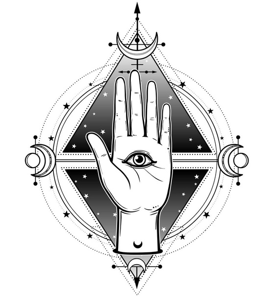 Mystický symbol: lidská ruka má božské vševidoucí oko. Alchymie, magie, zasvěcence, okultismus. Vektorové ilustrace izolované na bílém pozadí. Tisk, plakát, tričko, karta. - Vektor, obrázek