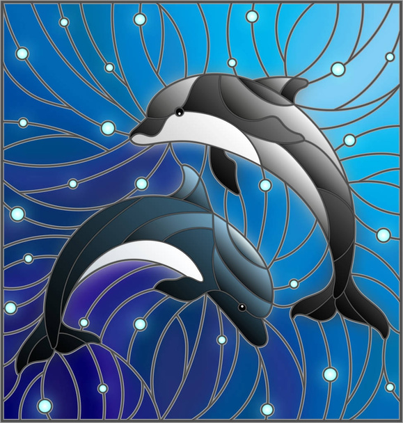 Ilustración en el estilo de vidrieras con dos delfines en el fondo de burbujas de agua y aire
 - Vector, Imagen