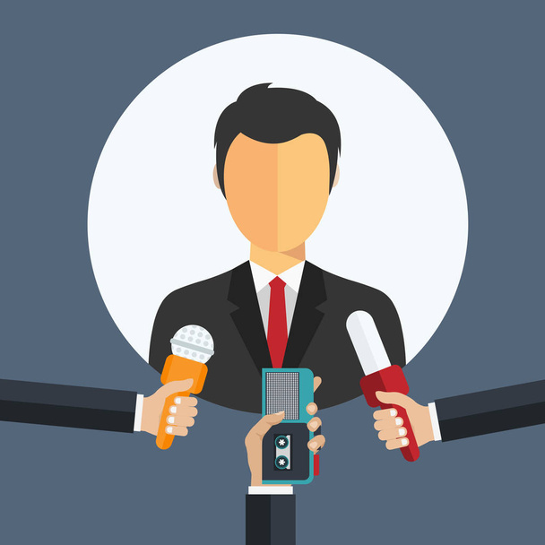 Businessman giving an interview in the presence of journalists with microphones and recorder. Journalism concept. Flat vector illustration - Vector, Image
