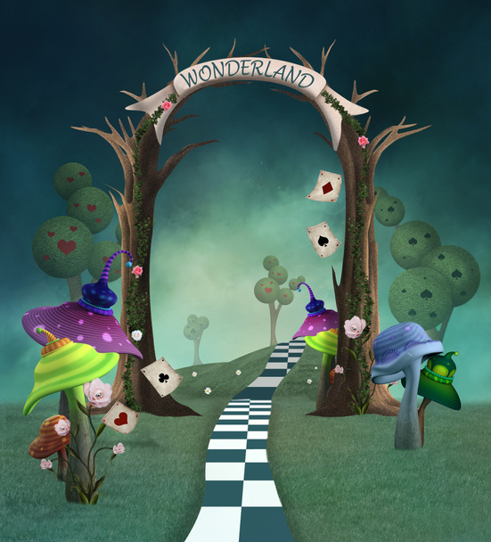 Serie Wonderland - Paisaje de fantasía con enrejado, setas y pancarta de bienvenida
  - Foto, Imagen