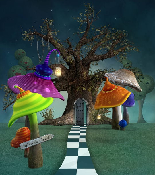 Wonderland series - Footpath with mushrooms, lanterns and tree  - Photo, Image
