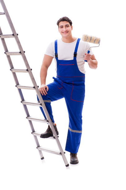 Young painter man with ladder isolated on white background - Φωτογραφία, εικόνα