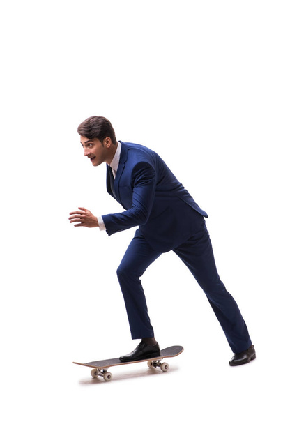 Businessman riding skateboard isolated on white background - Foto, imagen