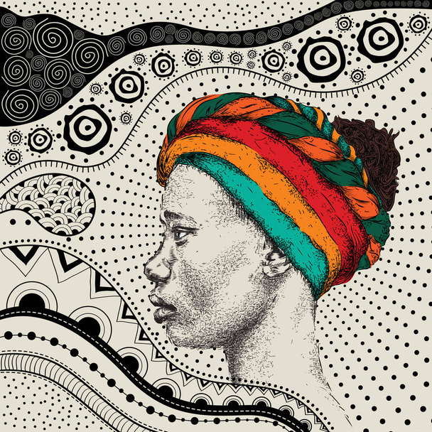 Fille en turban avec motif ethno main africaine, arrière-plan tribal. Belle femme noire. Vue de profil. Illustration vectorielle
 - Vecteur, image
