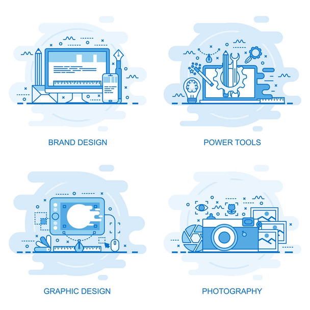 Modern lapos színes vonalas koncepció web banner a fotózás, grafikai tervezése, kéziszerszámok és márka Design. Fogalmi vektoros illusztráció a web design, marketing, és a grafikus design. - Vektor, kép
