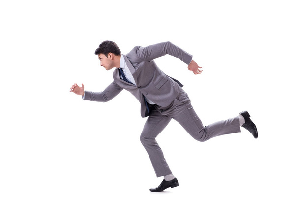 Jovem empresário correndo para a frente isolado em branco
 - Foto, Imagem