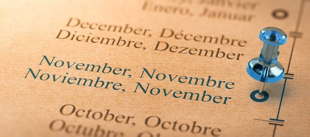 11 月、年のカレンダーの数ヶ月に焦点を当てる - 写真・画像