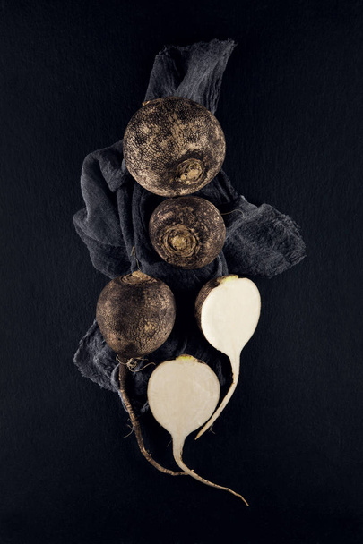 fresh black radish decorated on slate plate kitchen table can be used as background - Photo, Image