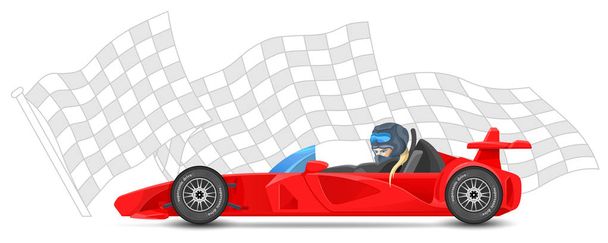 Vista lateral del coche de carreras rojo, fórmula 1 (uno), sobre fondo de bandera de acabado deportivo. Bolides sport. Ilustración vectorial
.   - Vector, Imagen
