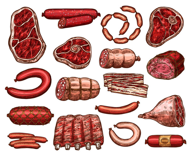Fresh meat and sausage sketch for food design - Vector, Image