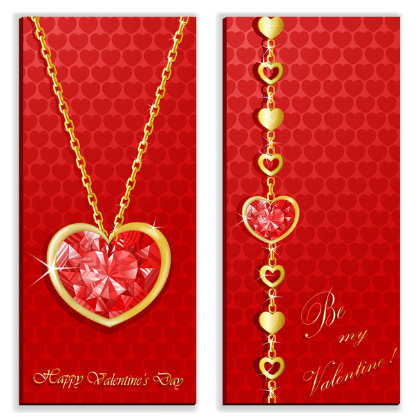 Diamond heart with golden chains on red background  - Vector, Image