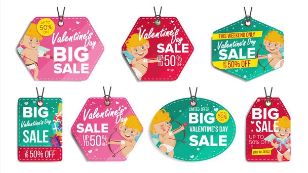 Valentine s Day Sale Tags Vector. Colorful Shopping Discounts Stickers. Cupid. Love Discount Concept. Season February 14 Sale Red, Green Banners. Promotion Illustration - Vector, Image