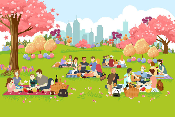 People Having Picnic at the Park During Spring - Vector, Image