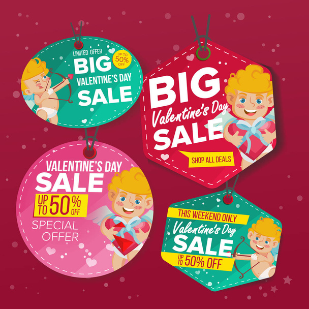 Valentine s Day Sale Love Tags Vector. Flat February 14 Special Offer Stickers. Cupid. 50 Off Text. Hanging Sale Banners With Half Price. Modern Illustration - Vector, Image