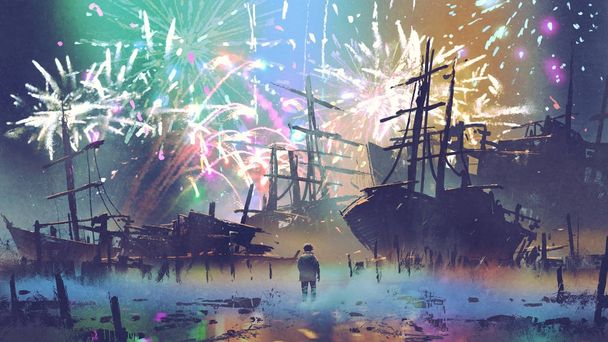 uomo in piedi sulla spiaggia guardando navi relitto con fuochi d'artificio sullo sfondo, stile arte digitale, pittura illustrazione
 - Foto, immagini