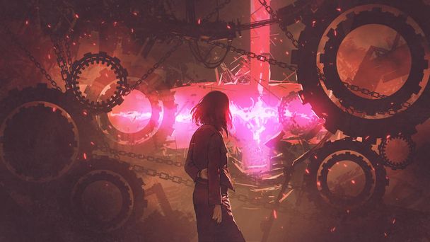 visão traseira da mulher em pé na antiga fábrica olhando para a luz vermelha através de engrenagens, estilo de arte digital, pintura ilustração
 - Foto, Imagem