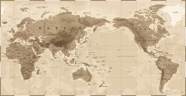 Weltkarte physischer Jahrgang - Asien im Zentrum - China, Korea, Japan - Vektor, Bild