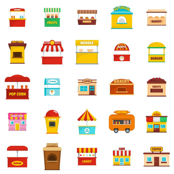 Set di icone vettoriali del chiosco di street food, in stile piatto
 - Vettoriali, immagini