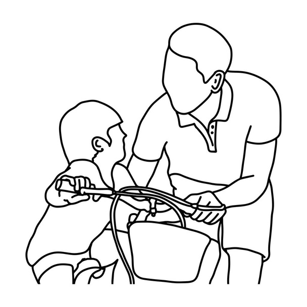 dítě učí jezdit na kole s jeho otec vektorový obrázek obrys skici ručně kreslenou s černými linkami izolovaných na bílém pozadí - Vektor, obrázek