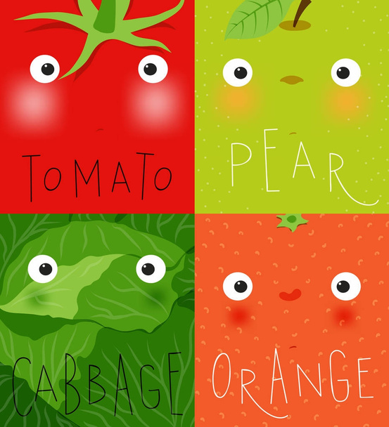 果物や野菜のグリグリ トマト、梨 - ベクター画像