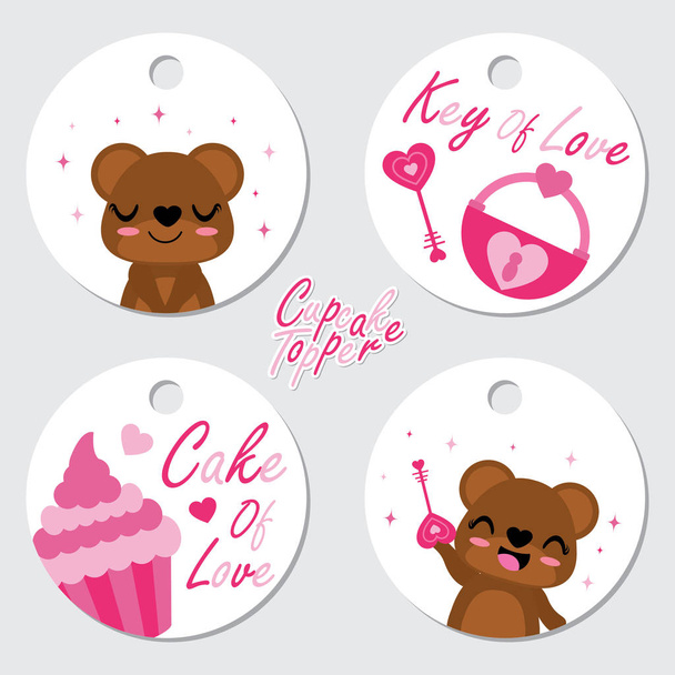 Cute bear, pink cupcake, and love key vector cartoon illustration for Valentine cupcake topper set design, postcard and sticker set - Wektor, obraz