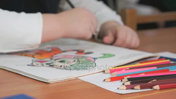 Child draws the pictures using color pencils - Séquence, vidéo