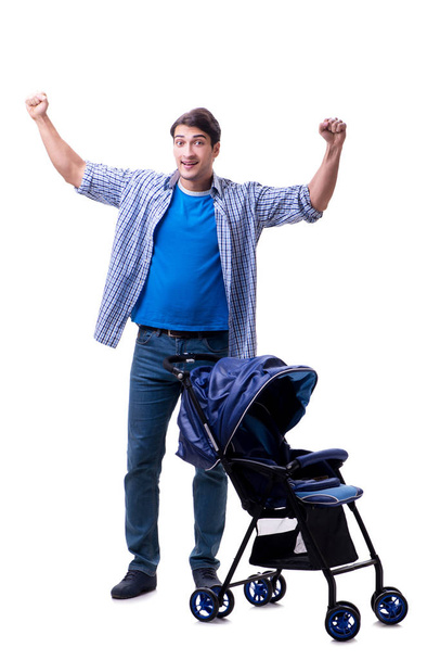 Jonge vader met baby kinderwagen geïsoleerd op wit - Foto, afbeelding
