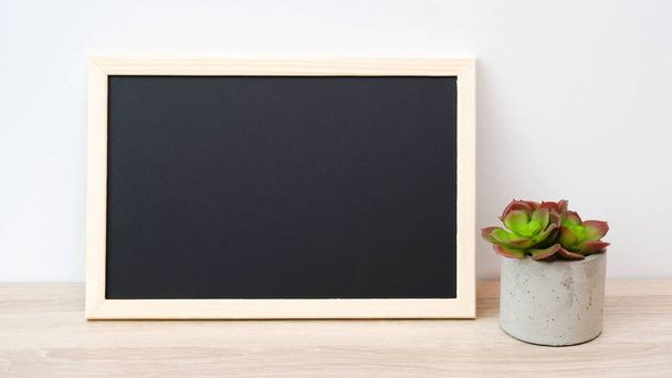 Chalkboard branco e planta suculante de pé sobre isol mesa de madeira
 - Foto, Imagem