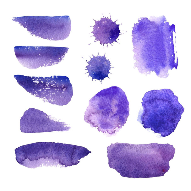 Ultra Violet stains and brushes watercolor as abstract design element. Color blobs isolated on white background. Trendy color of the year 2018 - Photo, Image