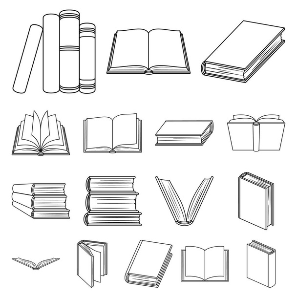 Libro en el esquema de encuadernación iconos en la colección de conjuntos para el diseño. Productos impresos vector símbolo stock web ilustración
. - Vector, Imagen