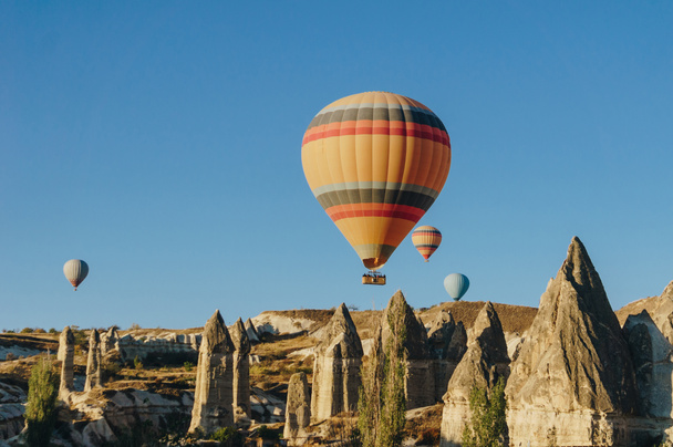 ギョレメ国立公園、妖精の煙突、カッパドキア、トルコで飛行する熱気球 - 写真・画像