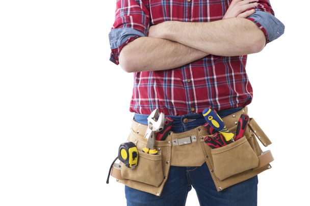 pracownik i profesjonalne builder z narzędzia - Zdjęcie, obraz